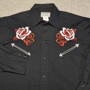 H Bar C California Ranchwear Western Shirt Black Rose Embroidered USA 15.5 33